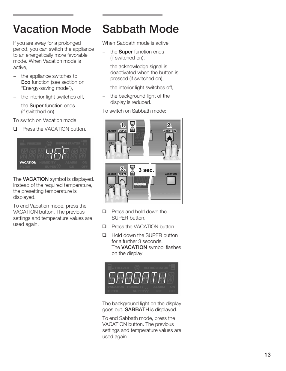 Vacation mode, Sabbath mode | Thermador T24IR User Manual | Page 13 / 64