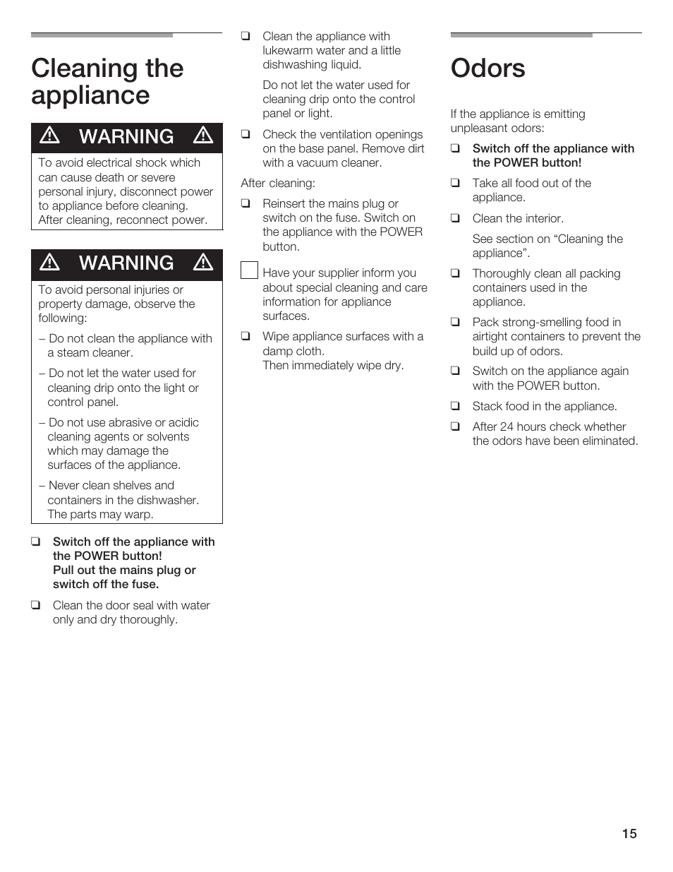 Cleaning the appliance, Odors, Warning | Thermador T24IR User Manual | Page 15 / 64