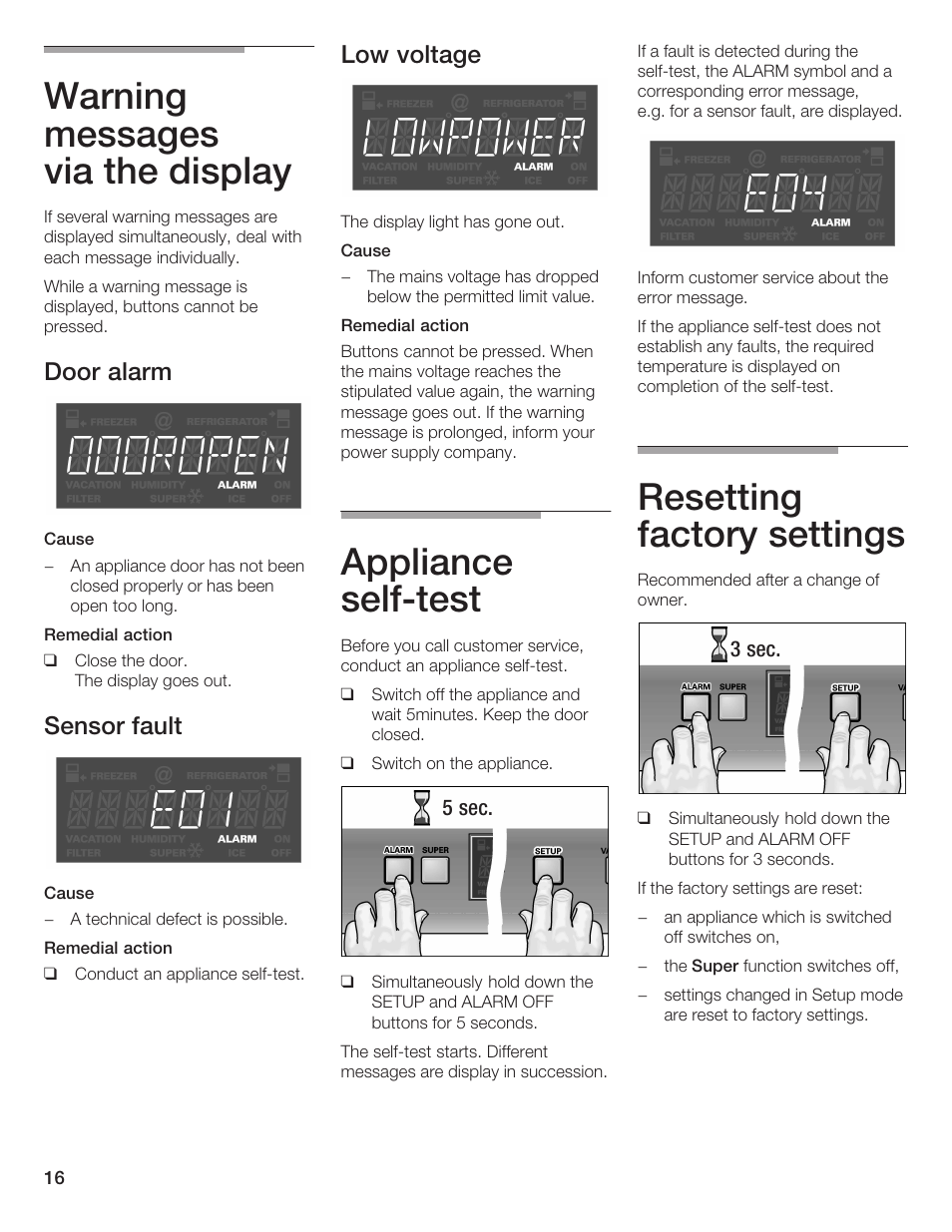 Warning messages via the display, Appliance selfćtest, Resetting factory settings | Door alarm, Sensor fault, Low voltage | Thermador T24IR User Manual | Page 16 / 64