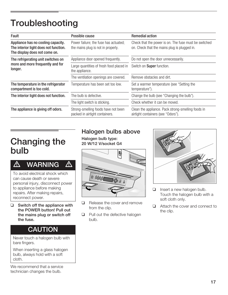 Troubleshooting, Changing the bulb, Warning | Caution, Halogen bulbs above | Thermador T24IR User Manual | Page 17 / 64