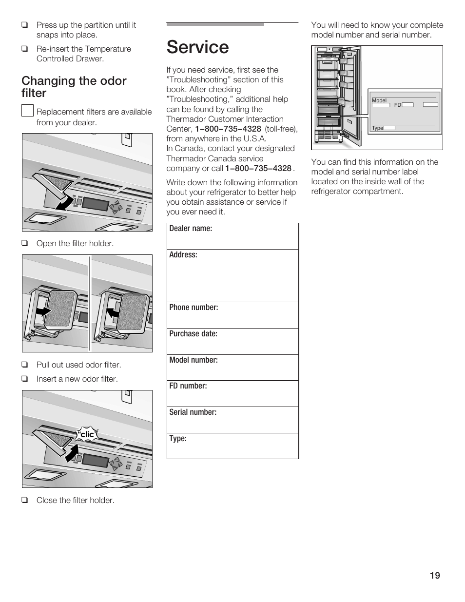 Service, Changing the odor filter | Thermador T24IR User Manual | Page 19 / 64