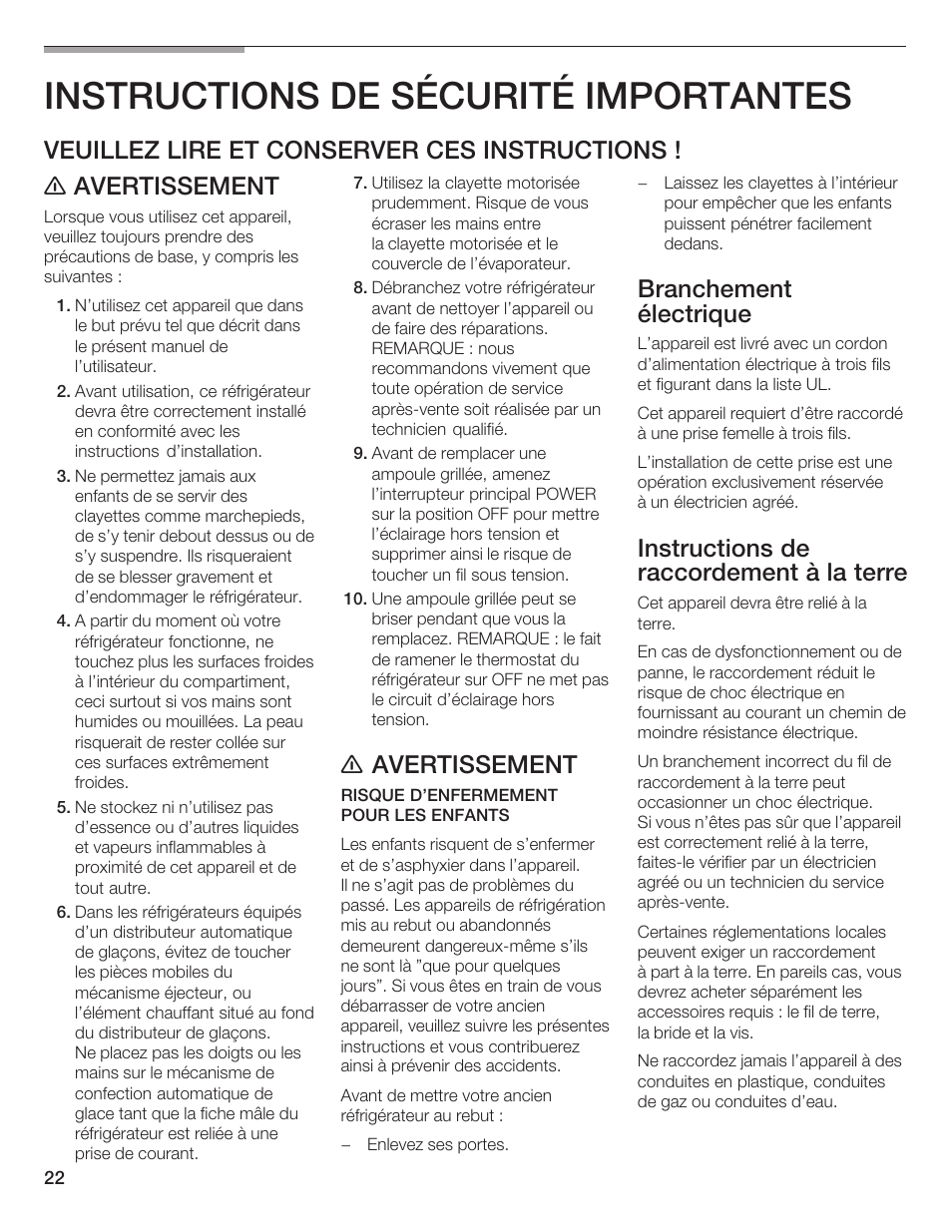 Instructions de sécurité importantes, E avertissement, Branchement électrique | Instructions de raccordement à la terre | Thermador T24IR User Manual | Page 22 / 64