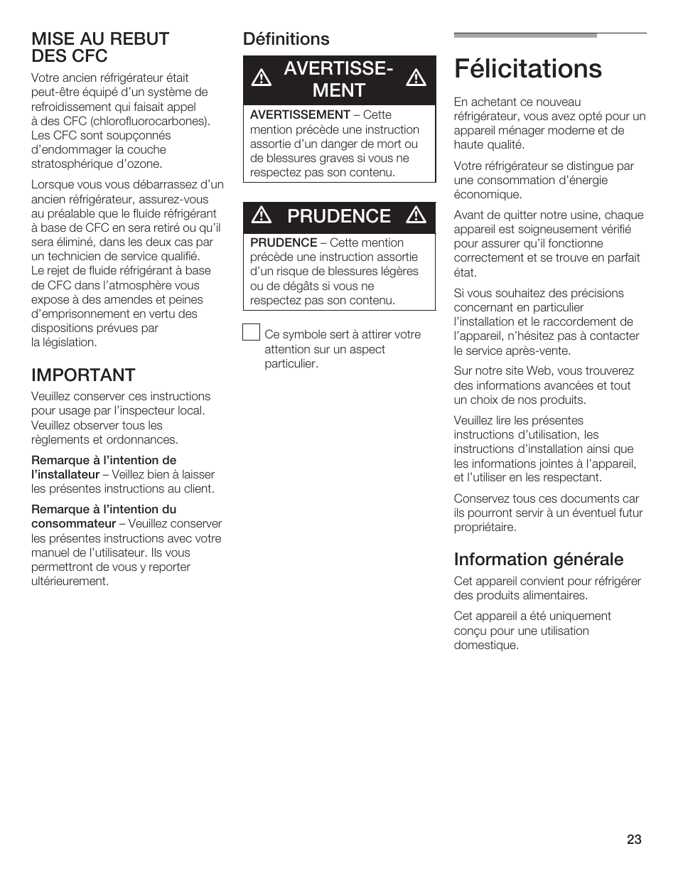 Félicitations, Avertisseć ment, Prudence | Mise au rebut des cfc, Important, Définitions, Information générale | Thermador T24IR User Manual | Page 23 / 64