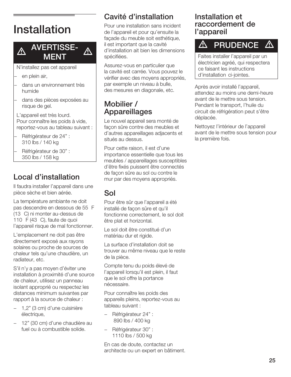 Installation, Avertisseć ment, Prudence | Local d'installation, Cavité d'installation, Mobilier / appareillages, Installation et raccordement de l'appareil | Thermador T24IR User Manual | Page 25 / 64