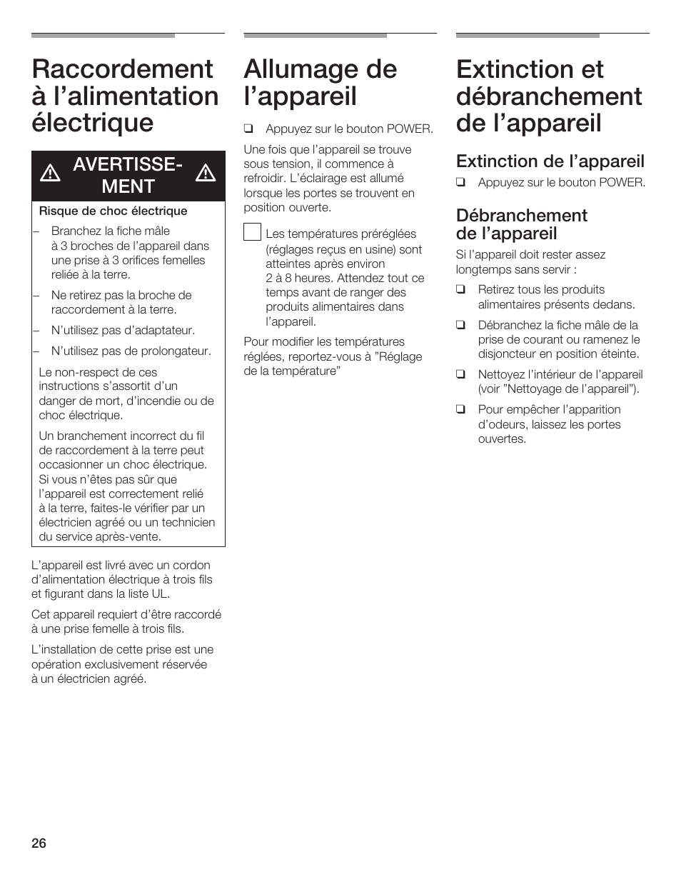 Raccordement à l'alimentation électrique, Allumage de l'appareil, Extinction et débranchement de l'appareil | Avertisseć ment, Extinction de l'appareil, Débranchement de l'appareil | Thermador T24IR User Manual | Page 26 / 64