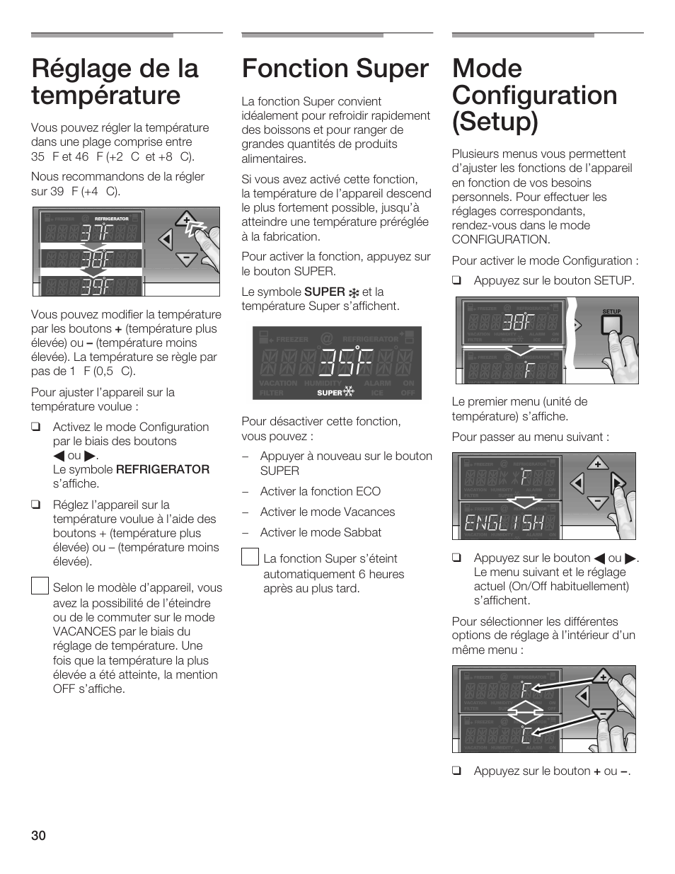 Réglage de la température, Fonction super, Mode configuration (setup) | Thermador T24IR User Manual | Page 30 / 64