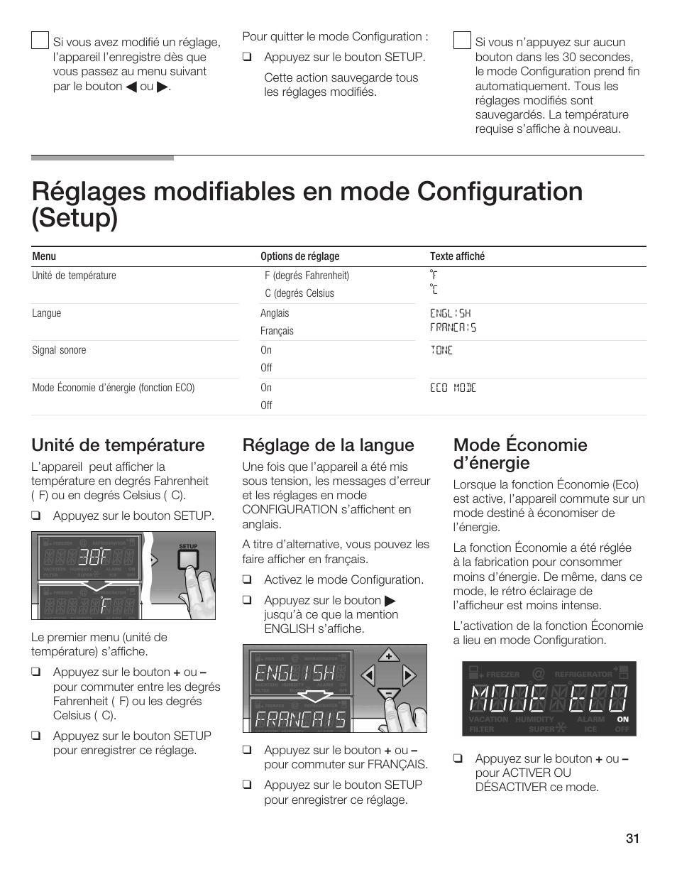 Réglages modifiables en mode configuration (setup), Unité de température, Réglage de la langue | Mode économie d'énergie | Thermador T24IR User Manual | Page 31 / 64