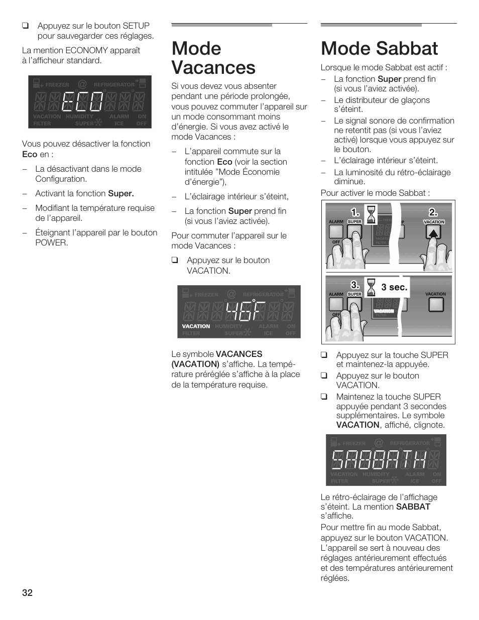 Mode vacances, Mode sabbat | Thermador T24IR User Manual | Page 32 / 64