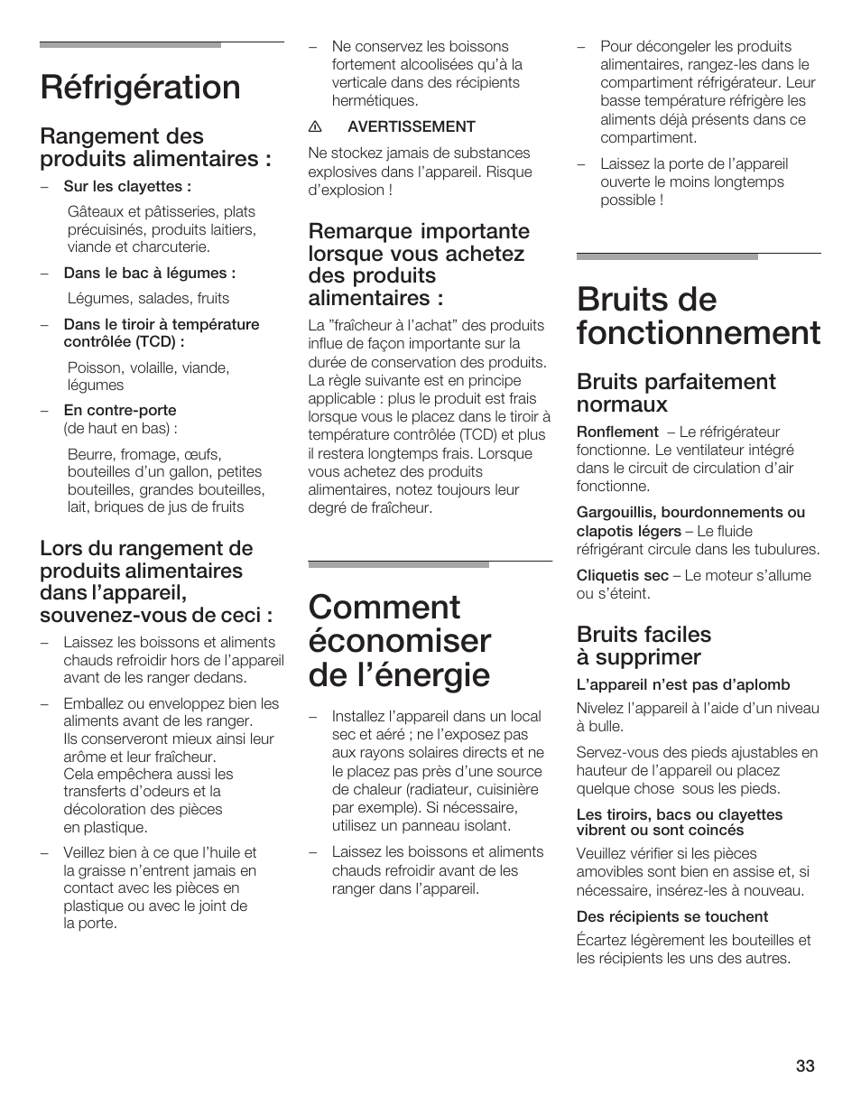 Réfrigération, Comment économiser de l'énergie, Bruits de fonctionnement | Rangement des produits alimentaires, Bruits parfaitement normaux, Bruits faciles à supprimer | Thermador T24IR User Manual | Page 33 / 64