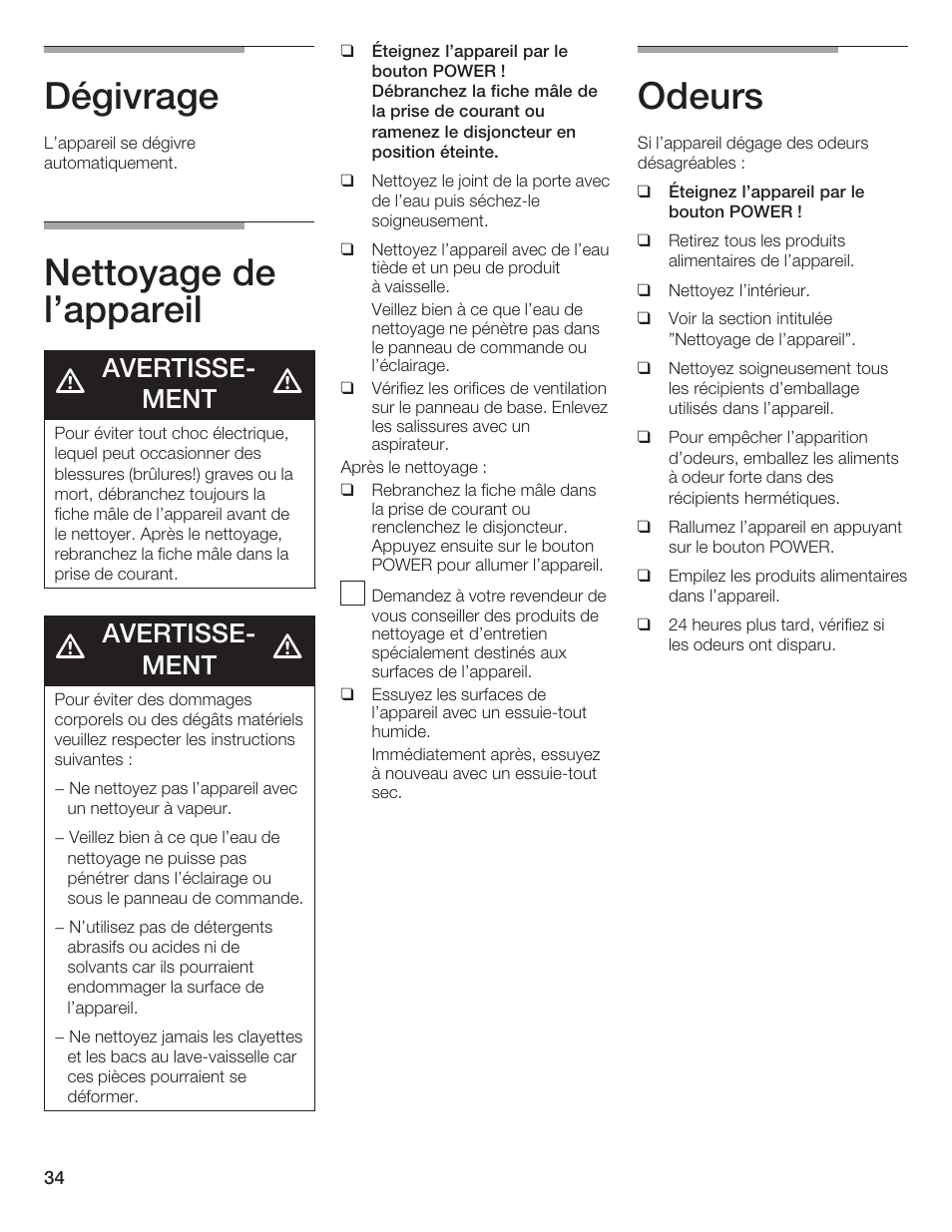 Dégivrage, Nettoyage de l'appareil, Odeurs | Avertisseć ment | Thermador T24IR User Manual | Page 34 / 64