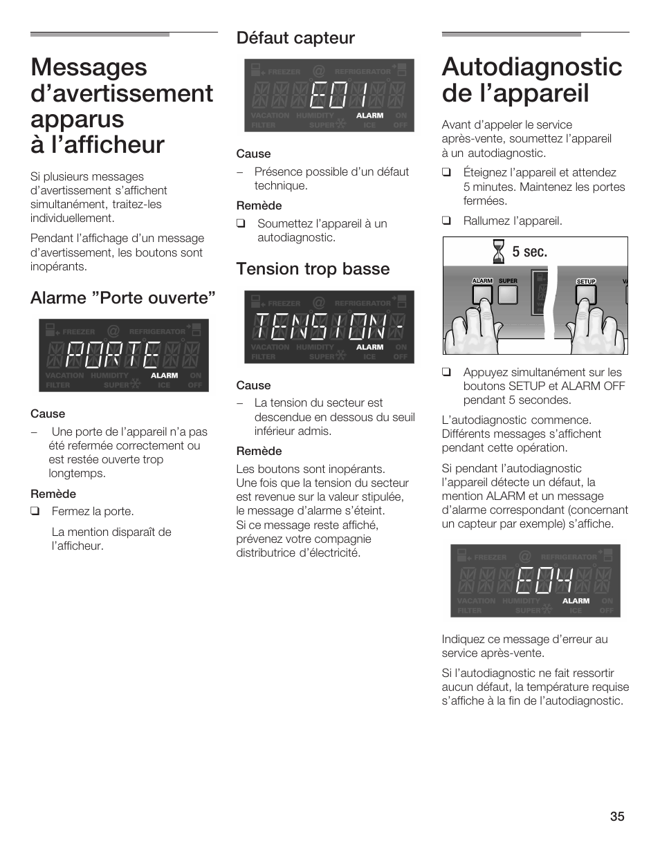 Autodiagnostic de l'appareil, Messages d'avertissement apparus à l'afficheur, Alarme 