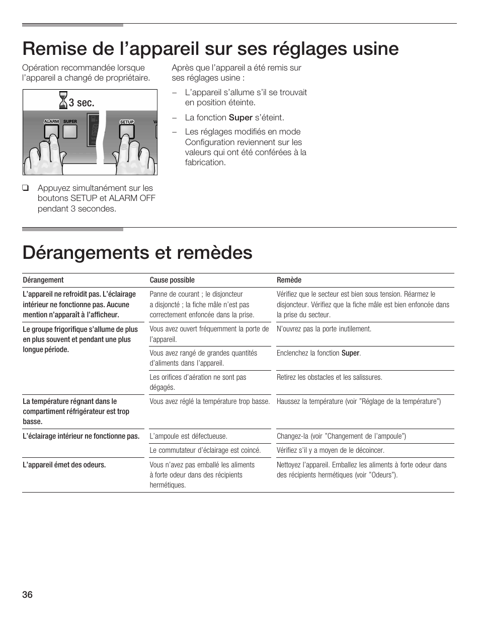 Remise de l'appareil sur ses réglages usine, Dérangements et remèdes, 3 sec | Thermador T24IR User Manual | Page 36 / 64