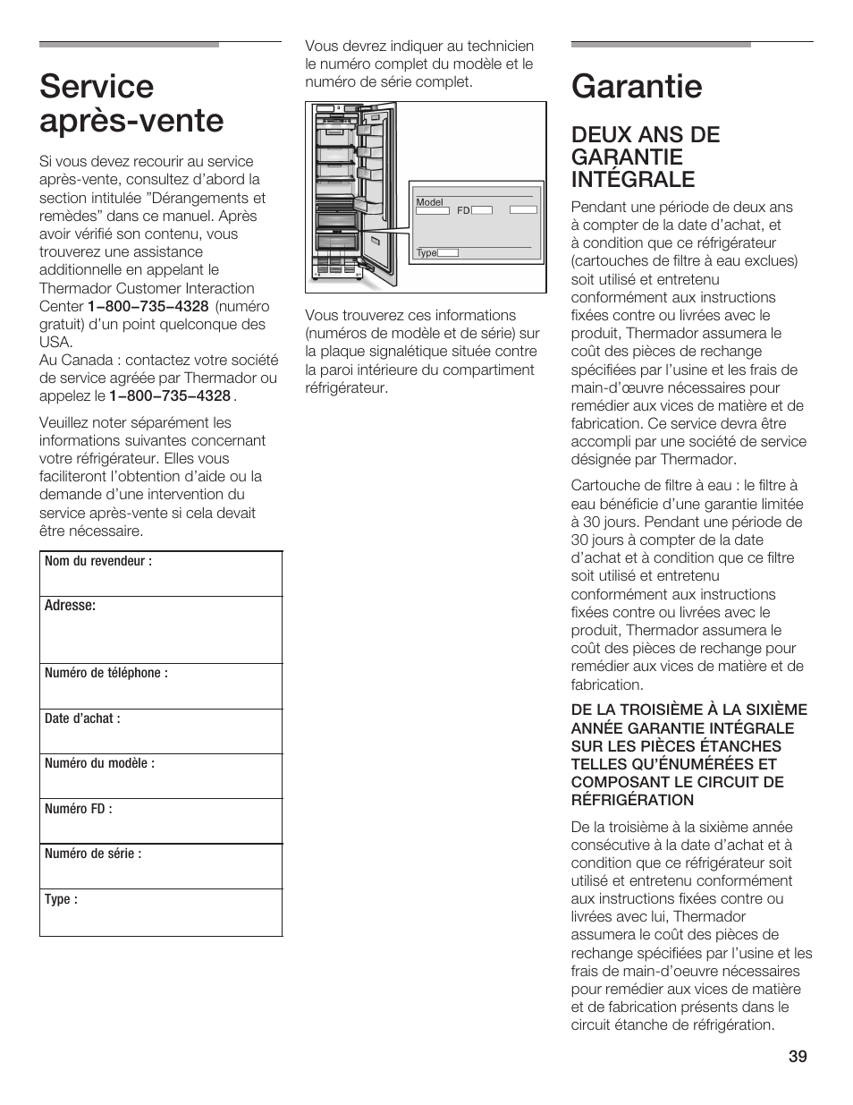 Service aprèsćvente, Garantie, Deux ans de garantie intégrale | Thermador T24IR User Manual | Page 39 / 64