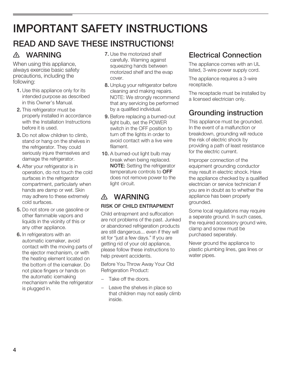 Important safety instructions, Read and save these instructions, E warning | Electrical connection, Grounding instruction | Thermador T24IR User Manual | Page 4 / 64