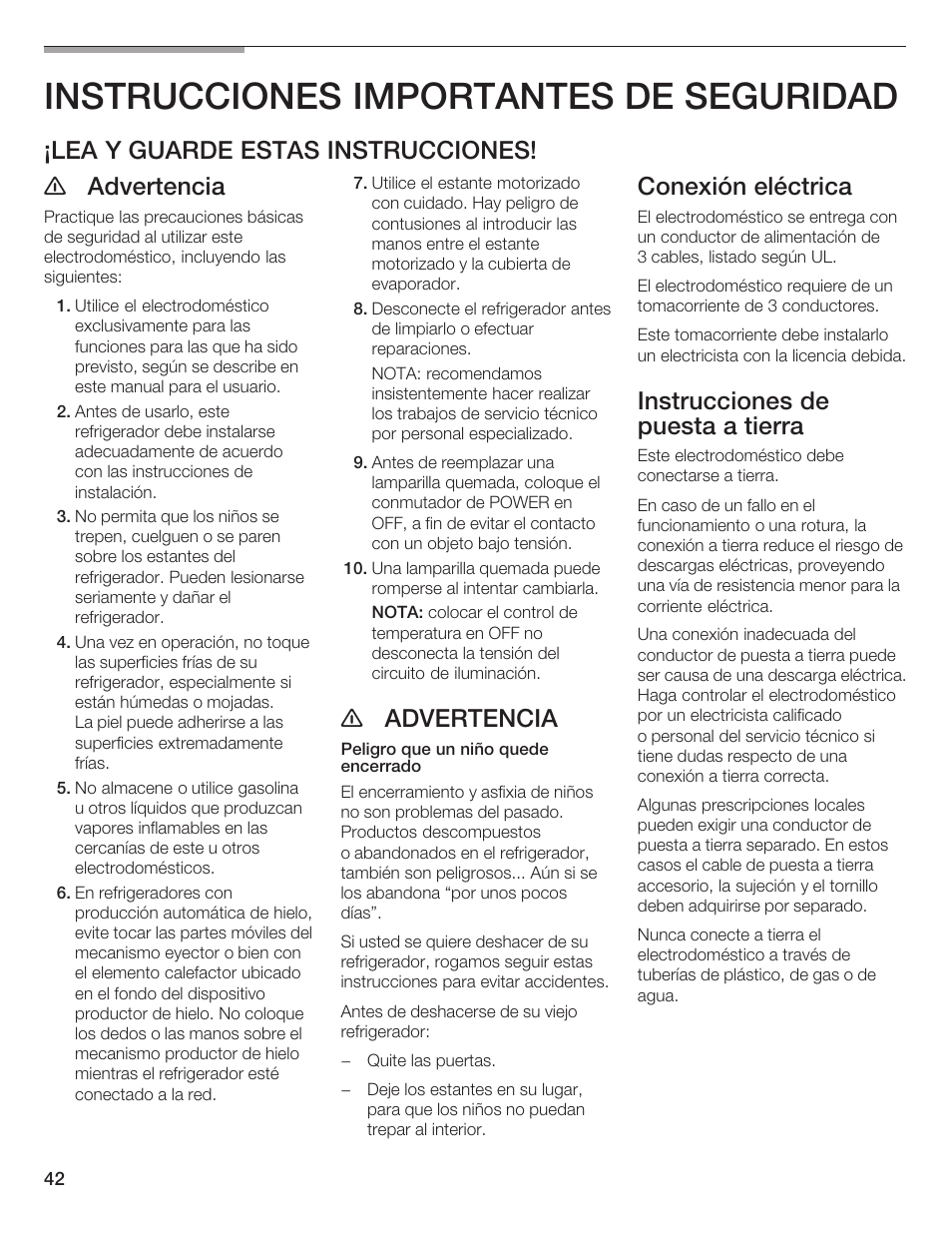 Instrucciones importantes de seguridad, Lea y guarde estas instrucciones! e advertencia, E advertencia | Conexión eléctrica, Instrucciones de puesta a tierra | Thermador T24IR User Manual | Page 42 / 64