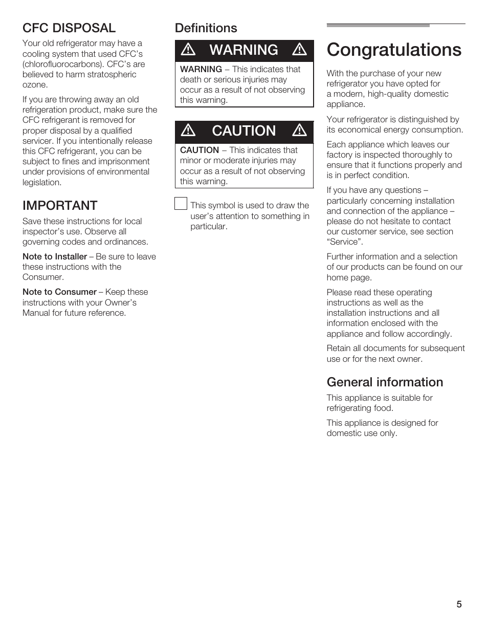 Warning, Caution, Cfc disposal | Important, Definitions, General information | Thermador T24IR User Manual | Page 5 / 64