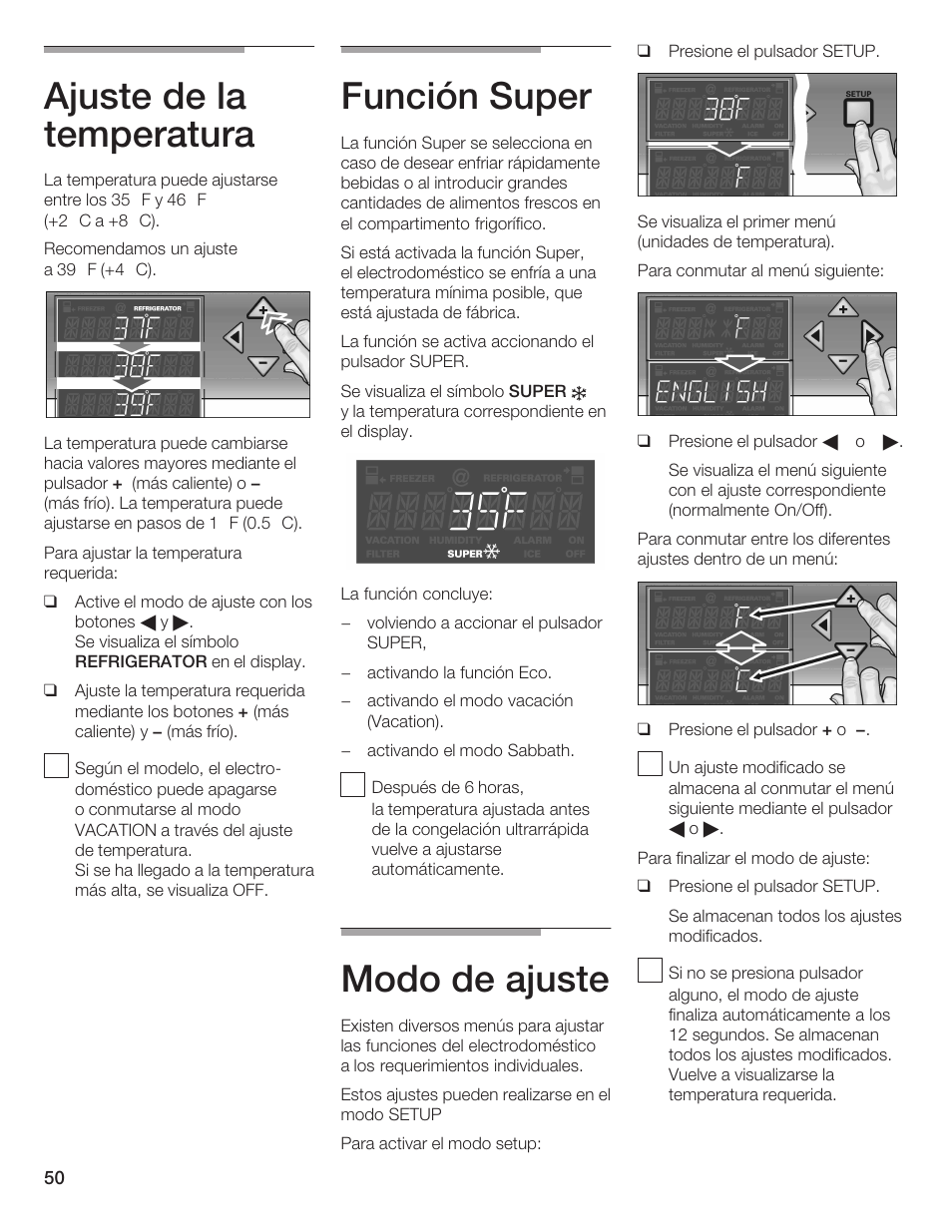 Ajuste de la temperatura, Función super, Modo de ajuste | Thermador T24IR User Manual | Page 50 / 64