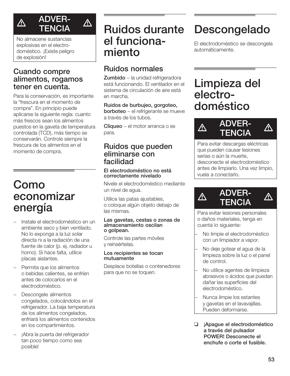 Como economizar energía, Ruidos durante el funcionać miento, Descongelado | Limpieza del electroć doméstico, Adverć tencia | Thermador T24IR User Manual | Page 53 / 64