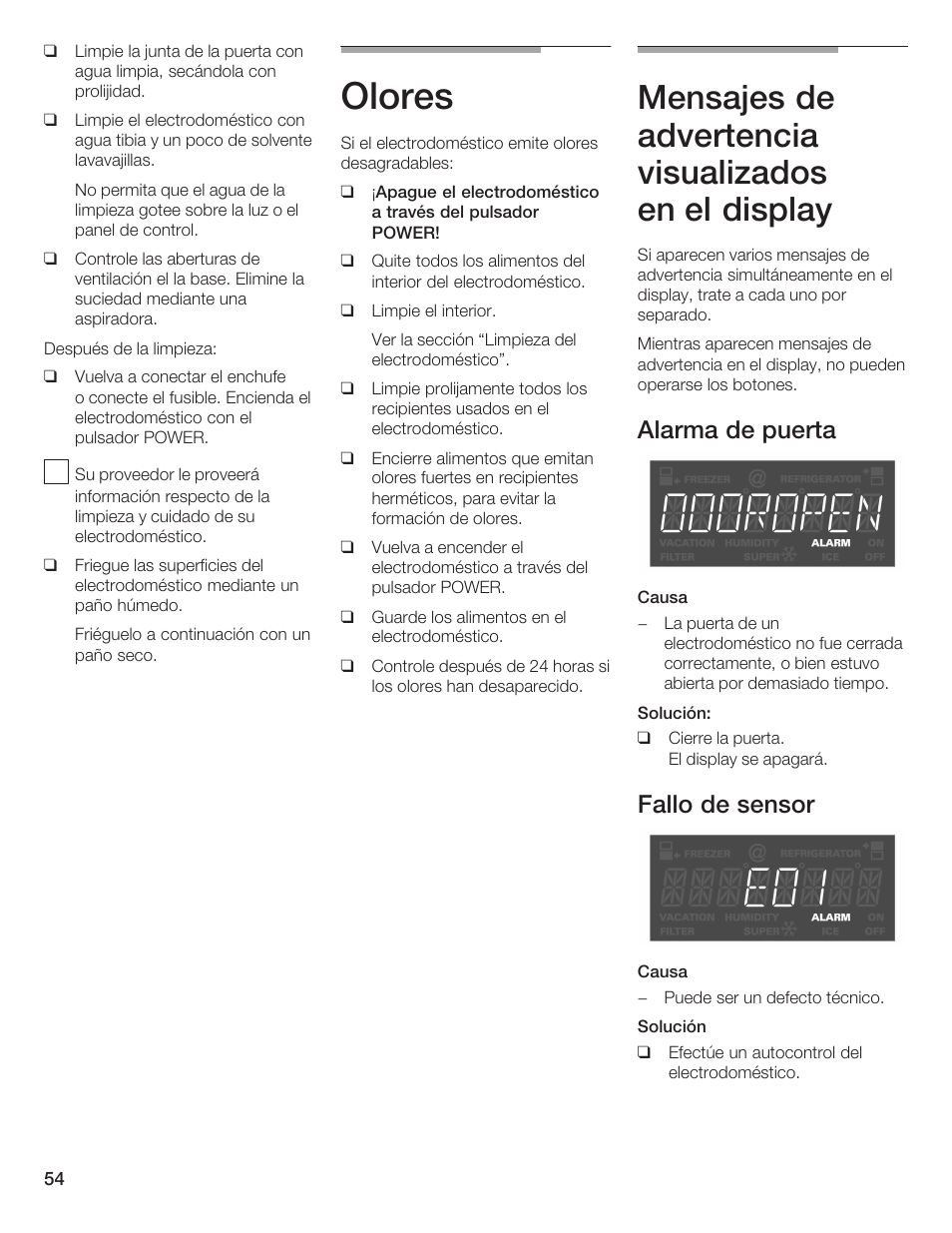 Olores, Mensajes de advertencia visualizados en el display, Alarma de puerta | Fallo de sensor | Thermador T24IR User Manual | Page 54 / 64