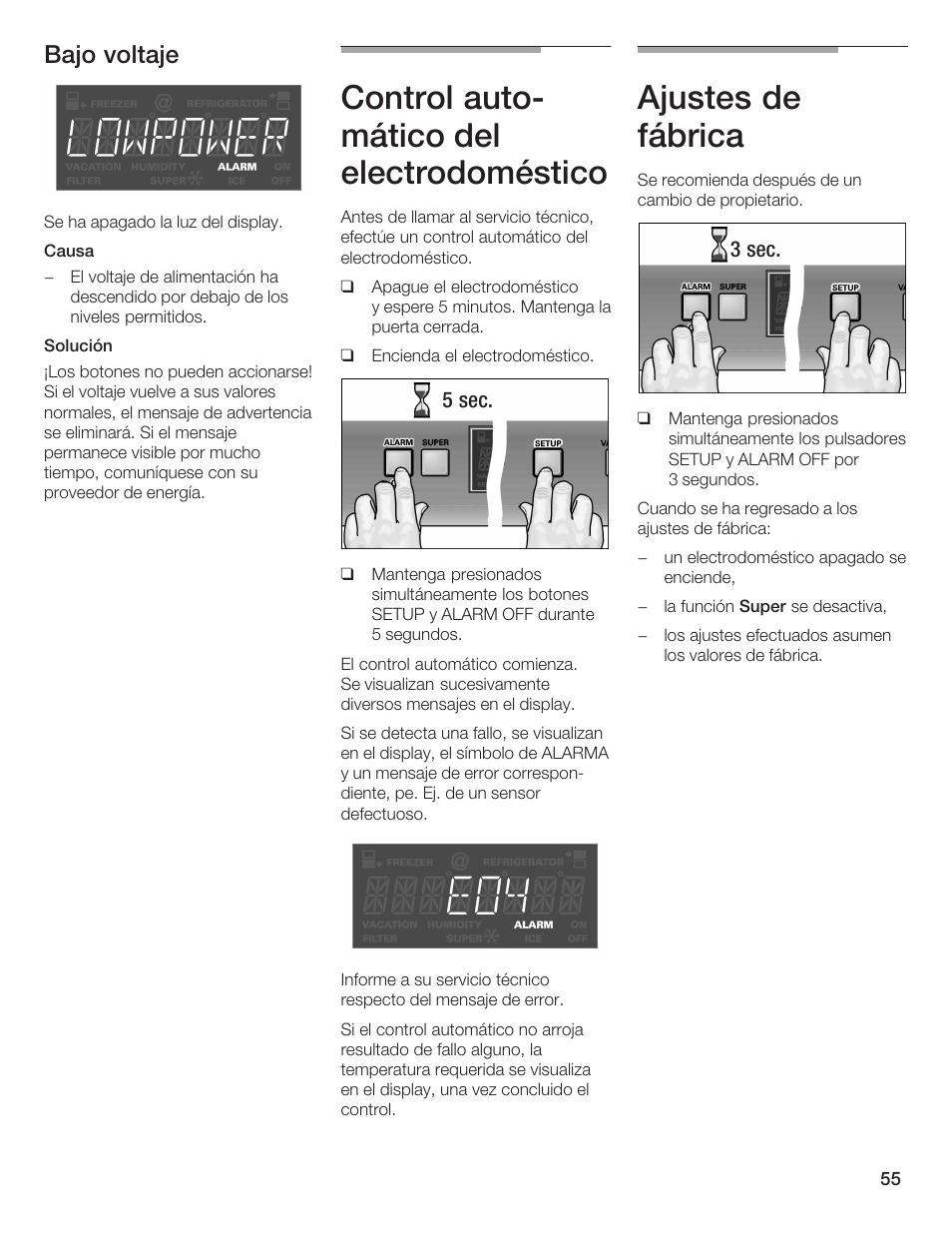 Control autoć mático del electrodoméstico, Ajustes de fábrica, Bajo voltaje | Thermador T24IR User Manual | Page 55 / 64