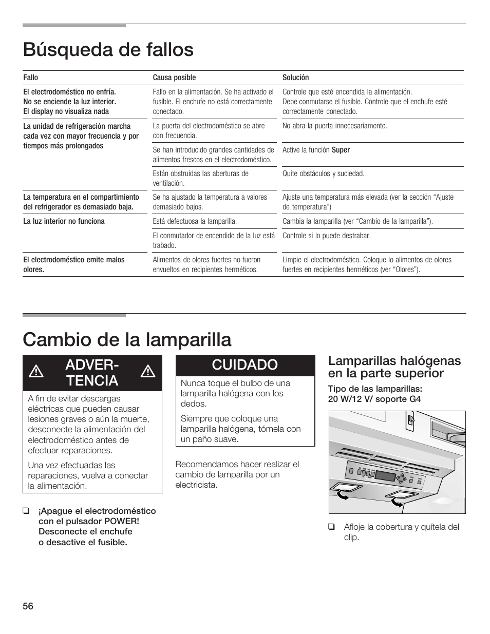 Búsqueda de fallos, Cambio de la lamparilla, Adverć tencia | Cuidado, Lamparillas halógenas en la parte superior | Thermador T24IR User Manual | Page 56 / 64