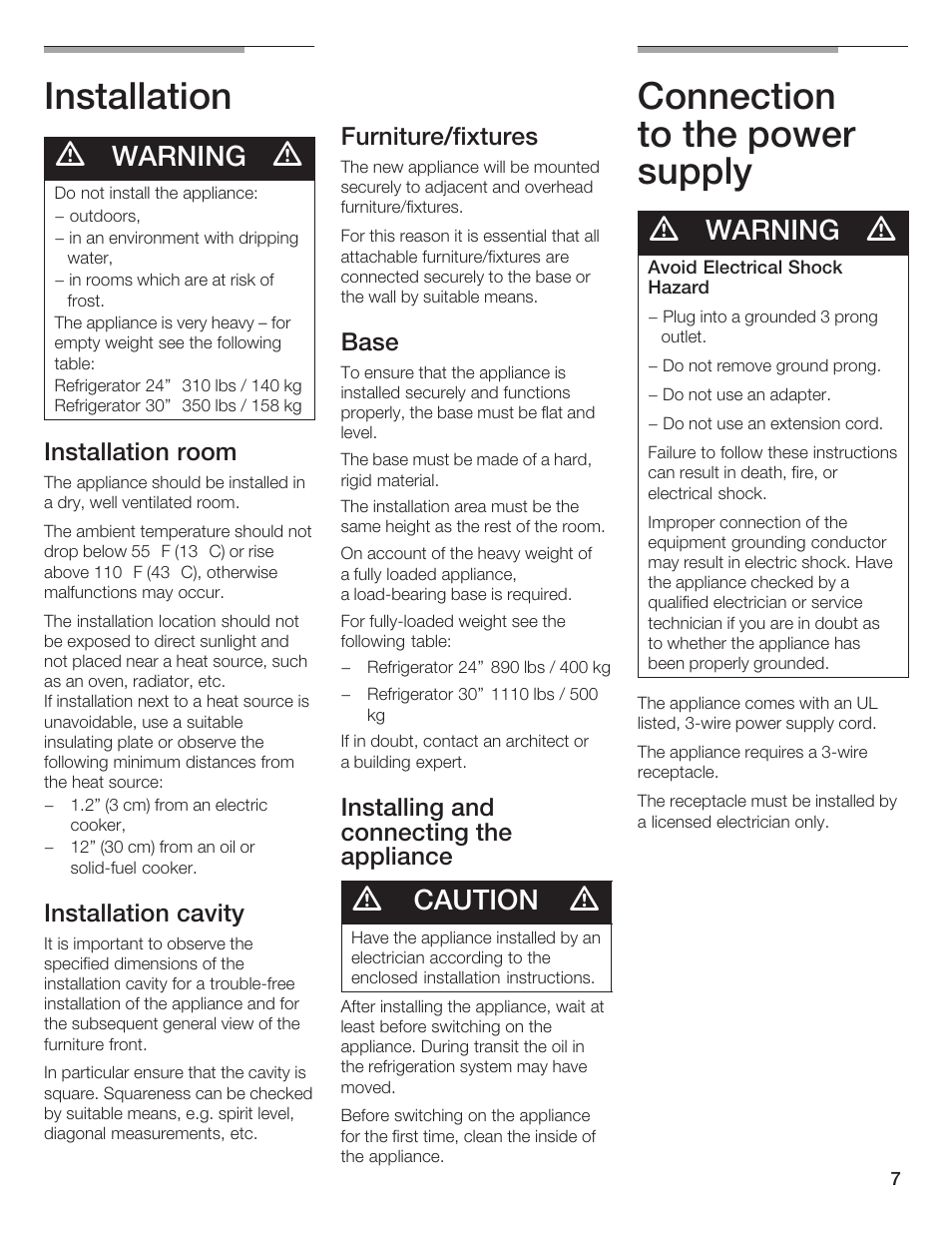 Installation, Connection to the power supply, Warning | Caution, Installation room, Installation cavity, Furniture/fixtures, Base, Installing and connecting the appliance | Thermador T24IR User Manual | Page 7 / 64