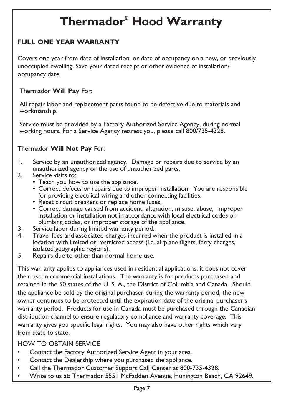 Thermador, Hood warranty | Thermador Thermador User Manual | Page 7 / 8