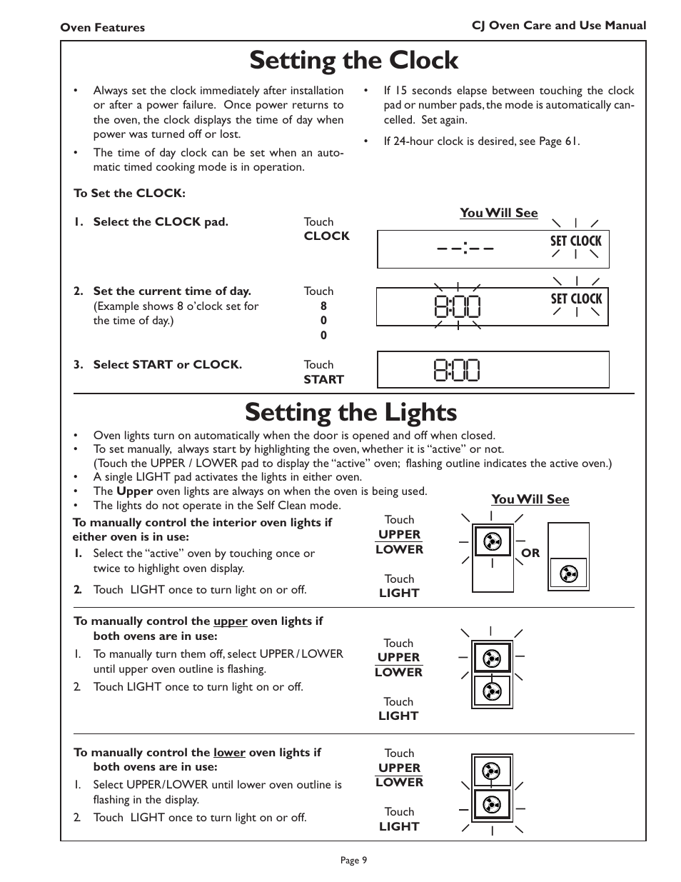 Setting the clock, Setting the lights | Thermador CJ302 User Manual | Page 11 / 68