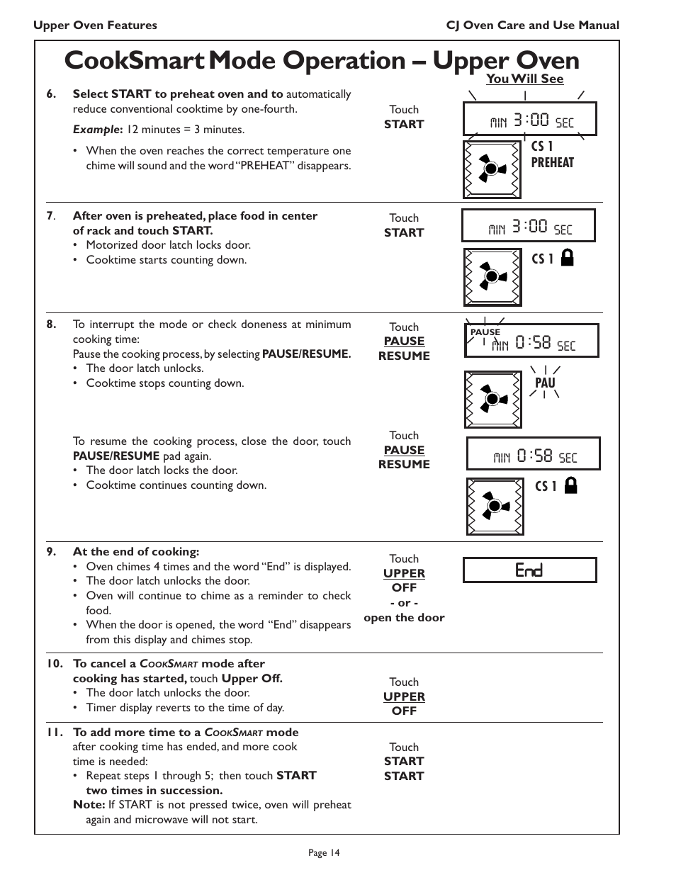 Cooksmart, Mode operation – upper oven | Thermador CJ302 User Manual | Page 16 / 68