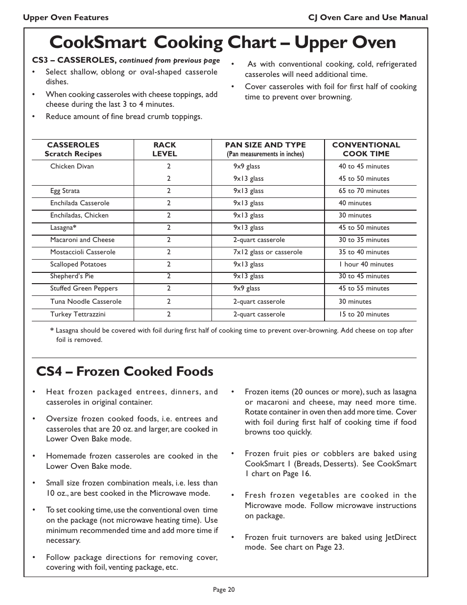 Cooksmart, Cooking chart – upper oven, Cs4 – frozen cooked foods | Thermador CJ302 User Manual | Page 22 / 68