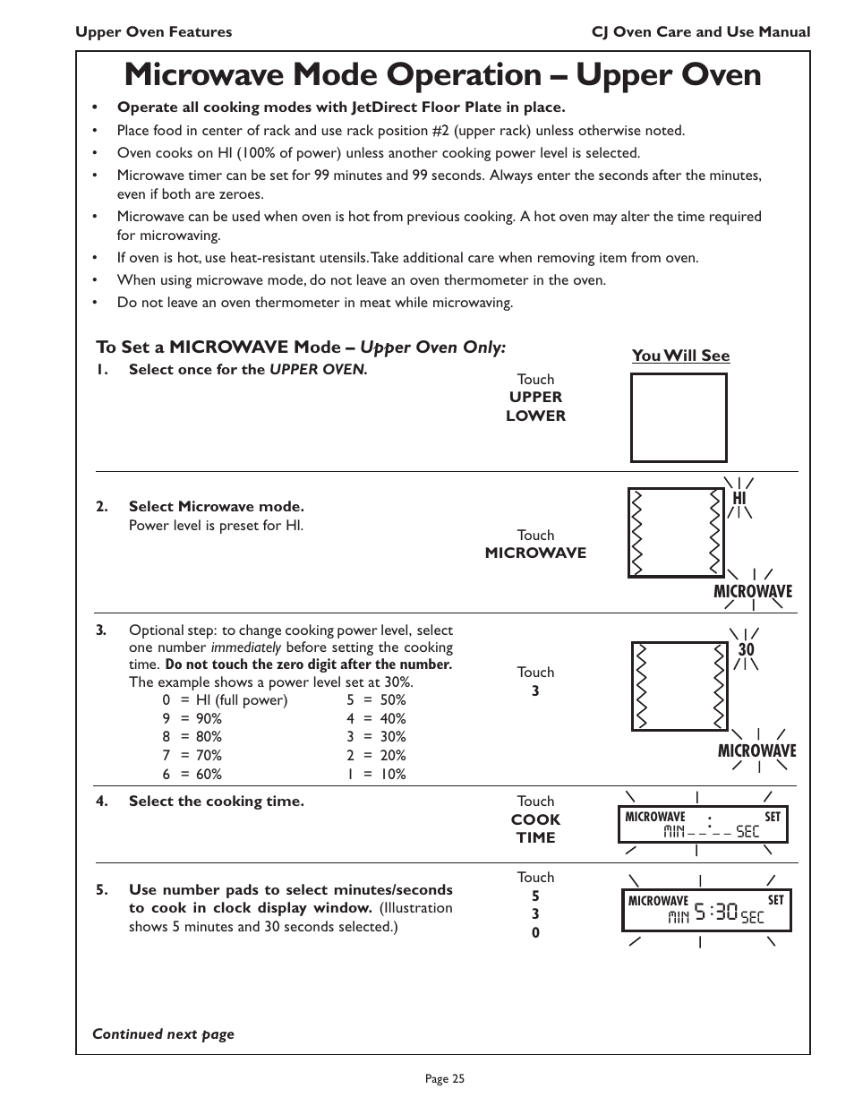 Microwave mode operation – upper oven | Thermador CJ302 User Manual | Page 27 / 68