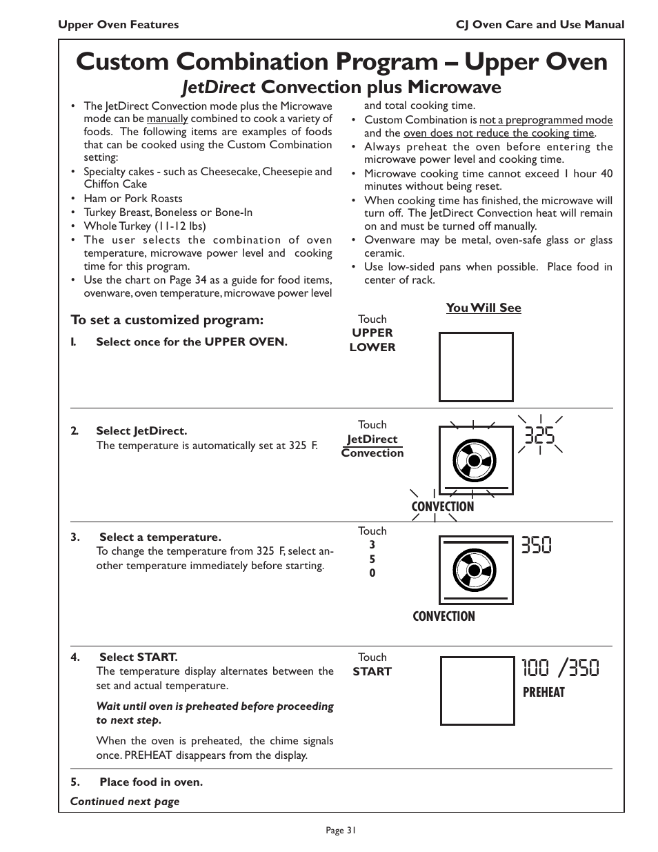 Custom combination program – upper oven, Jetdirect convection plus microwave | Thermador CJ302 User Manual | Page 33 / 68