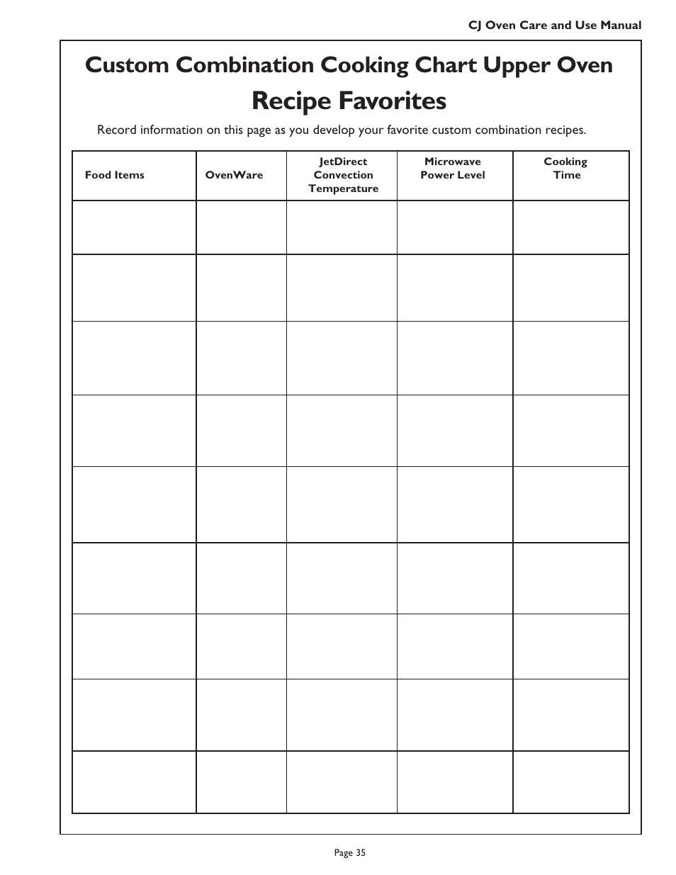 Recipe favorites, Custom combination cooking chart upper oven | Thermador CJ302 User Manual | Page 37 / 68