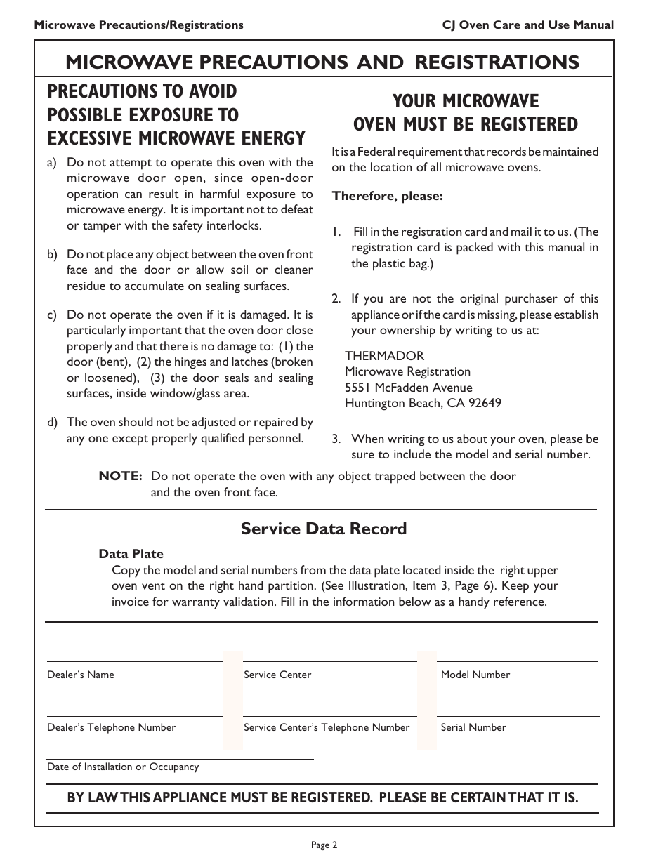 Service data record | Thermador CJ302 User Manual | Page 4 / 68