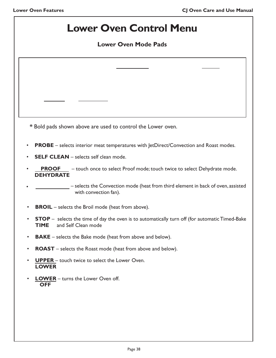 Lower oven control menu | Thermador CJ302 User Manual | Page 40 / 68