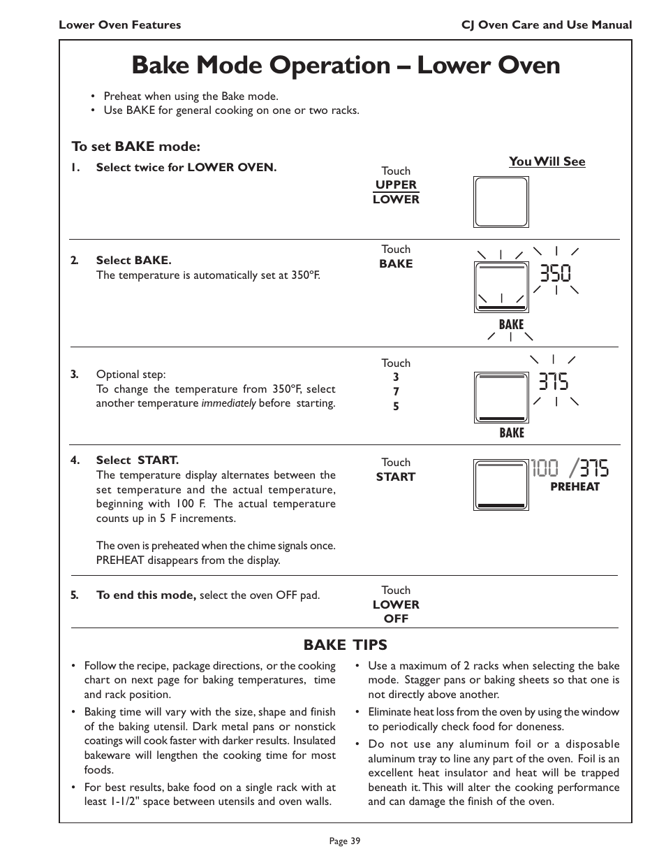 Bake mode operation – lower oven | Thermador CJ302 User Manual | Page 41 / 68