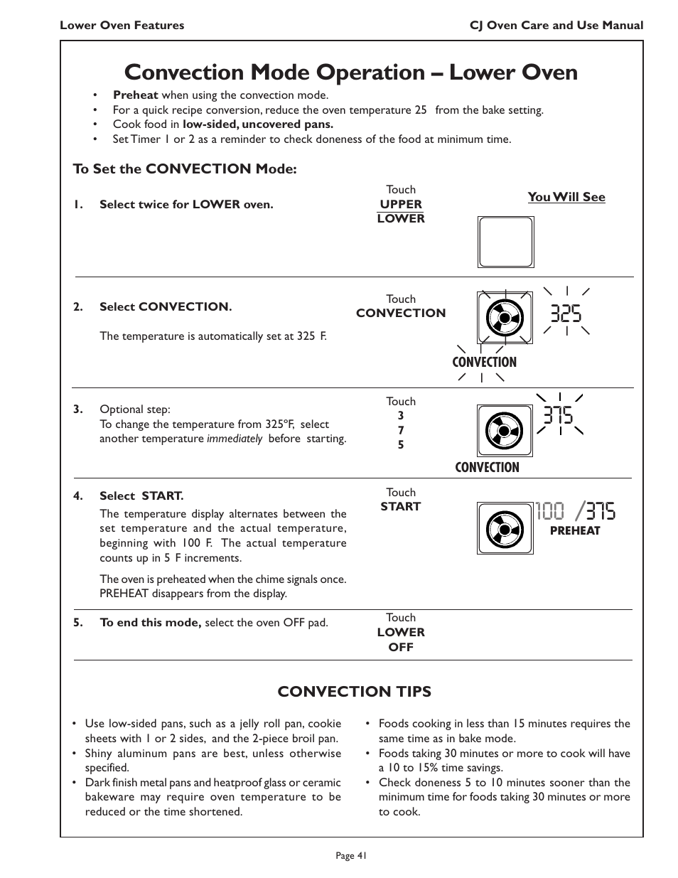 Convection mode operation – lower oven | Thermador CJ302 User Manual | Page 43 / 68