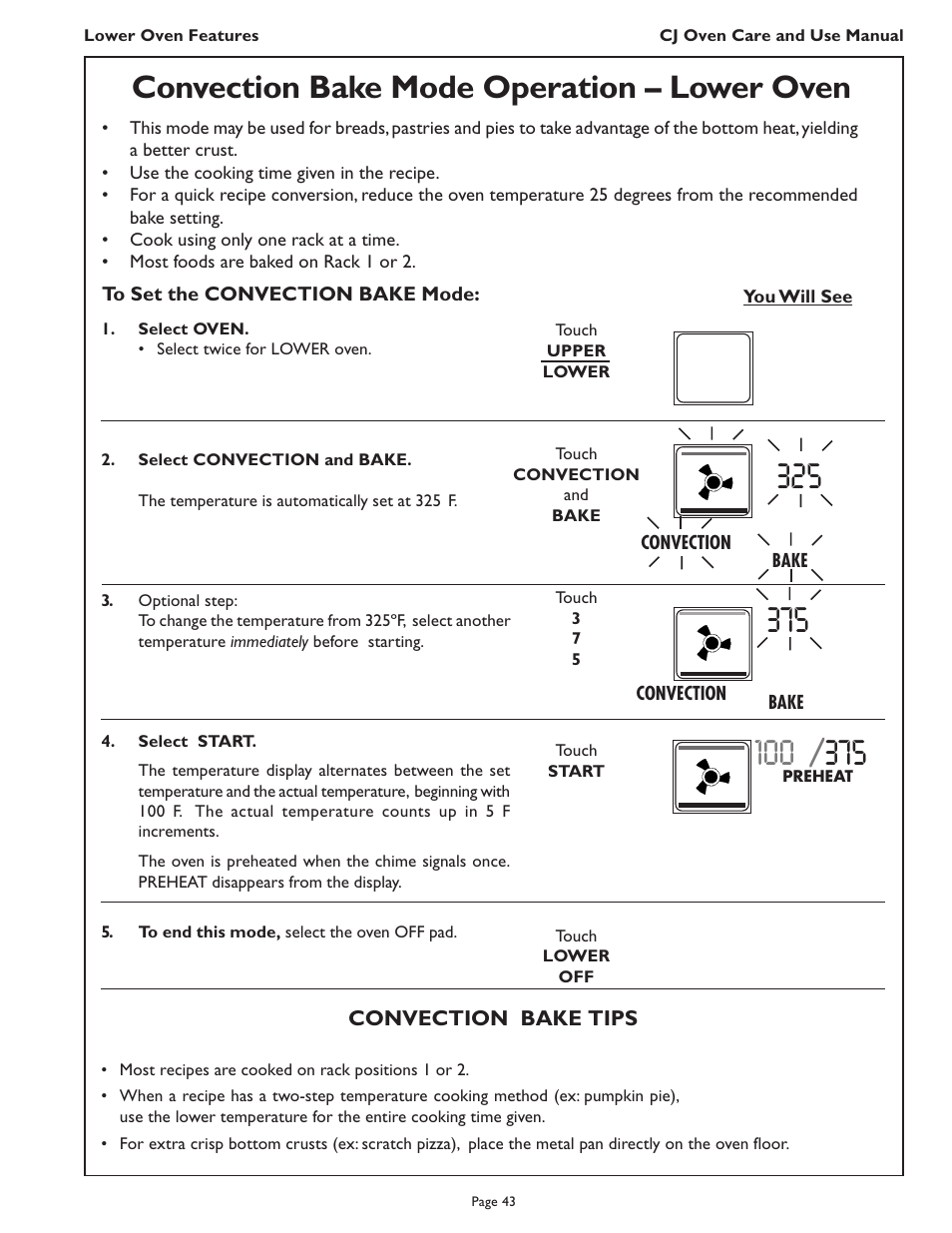 Convection bake mode operation – lower oven | Thermador CJ302 User Manual | Page 45 / 68