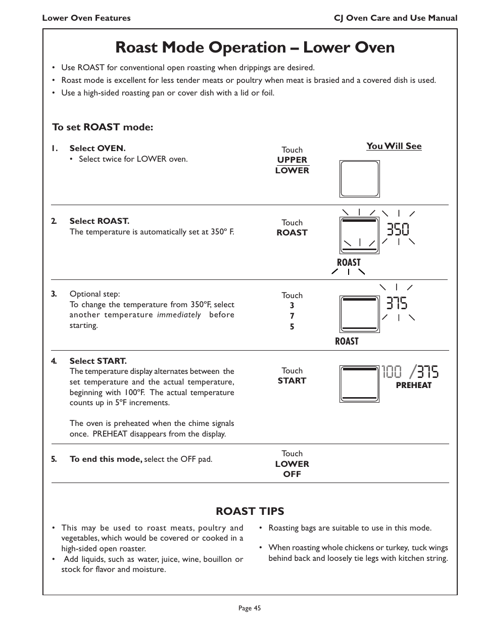 Roast mode operation – lower oven | Thermador CJ302 User Manual | Page 47 / 68