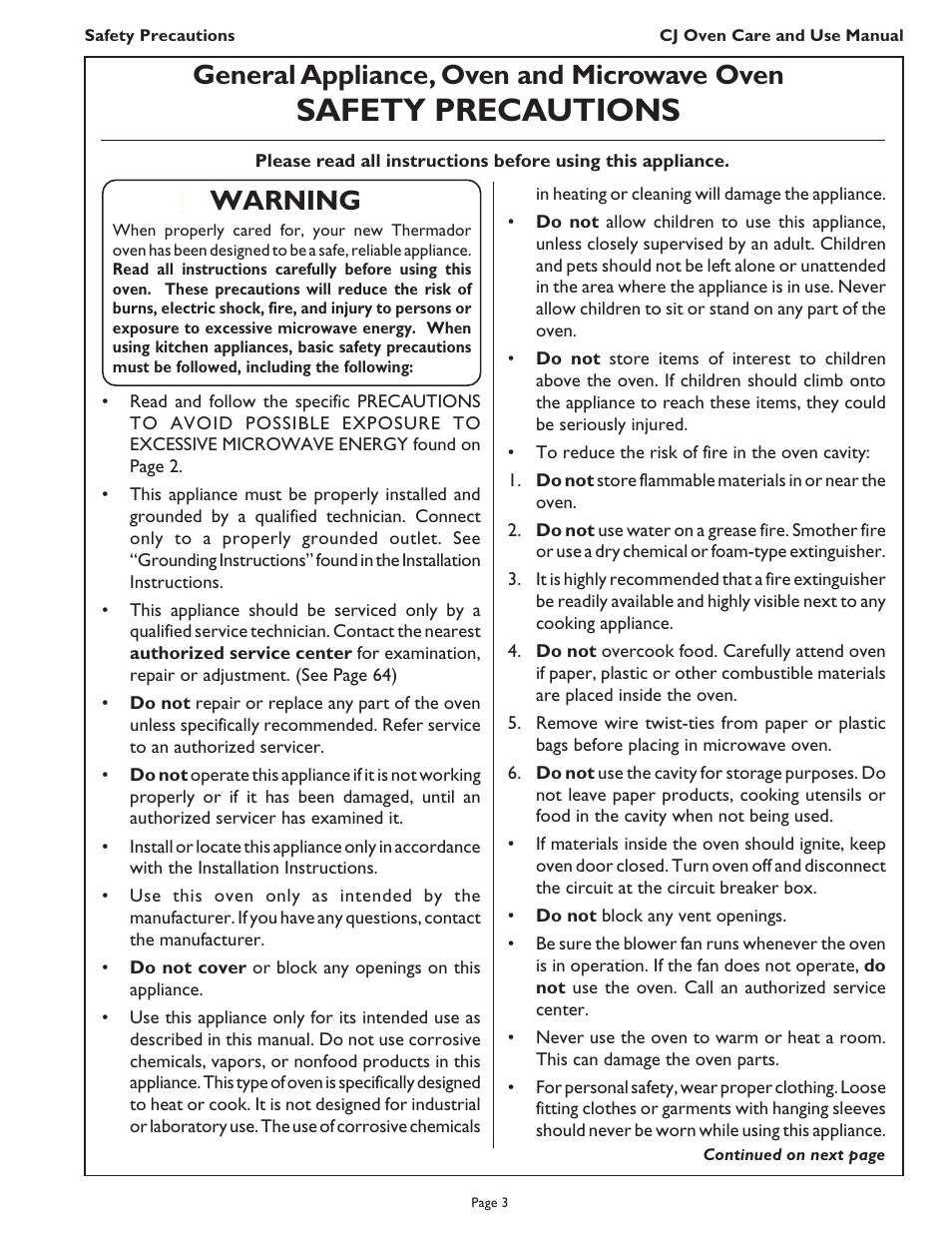 Safety precautions, General appliance, oven and microwave oven, Warning | Thermador CJ302 User Manual | Page 5 / 68