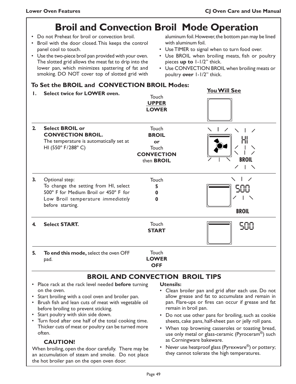 Broil and convection broil mode operation | Thermador CJ302 User Manual | Page 51 / 68