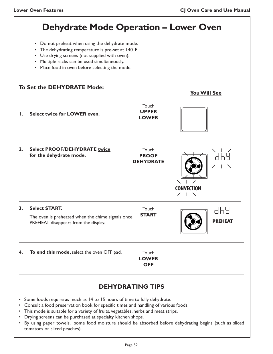 D h y, Dehydrate mode operation – lower oven | Thermador CJ302 User Manual | Page 54 / 68