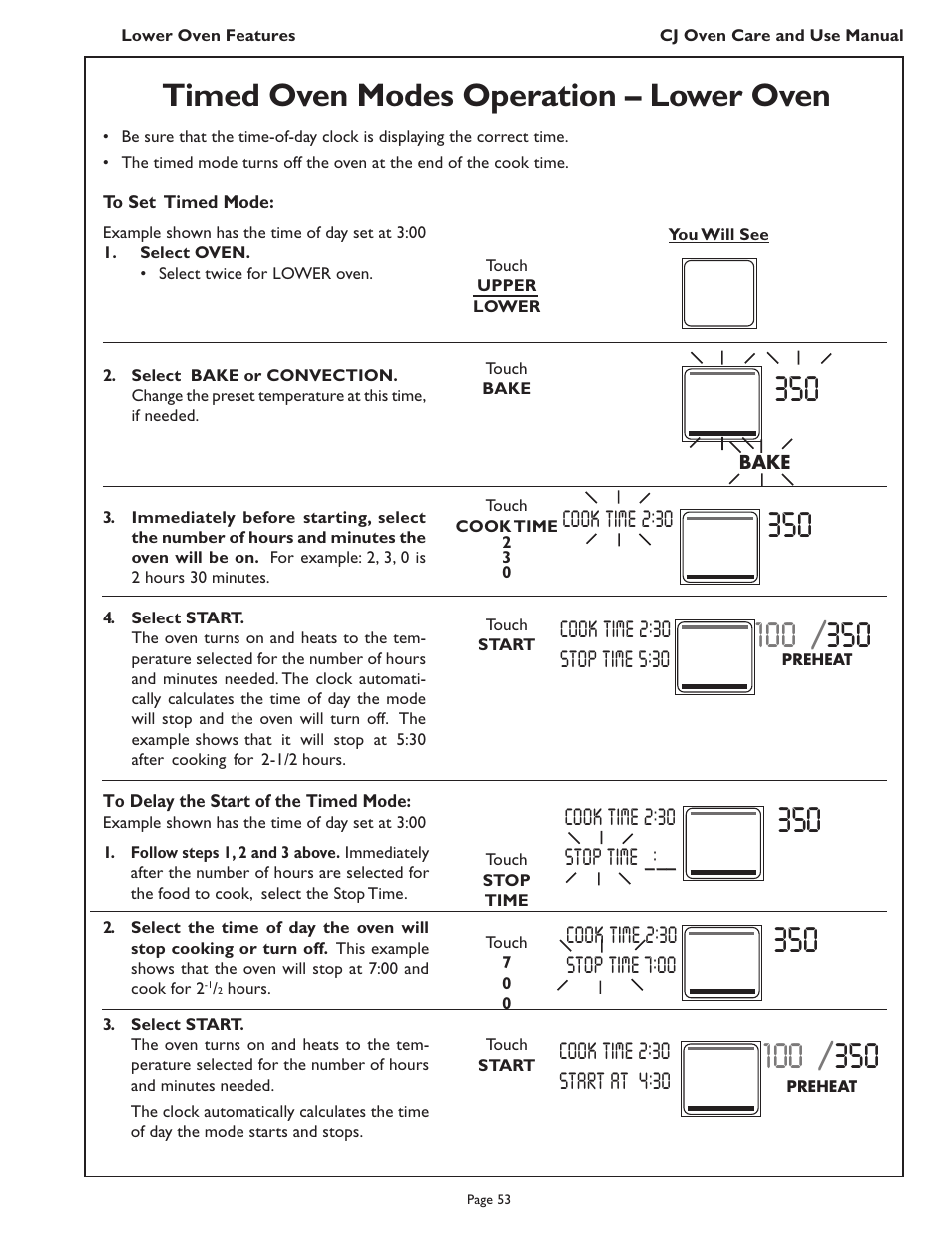 Timed oven modes operation – lower oven | Thermador CJ302 User Manual | Page 55 / 68