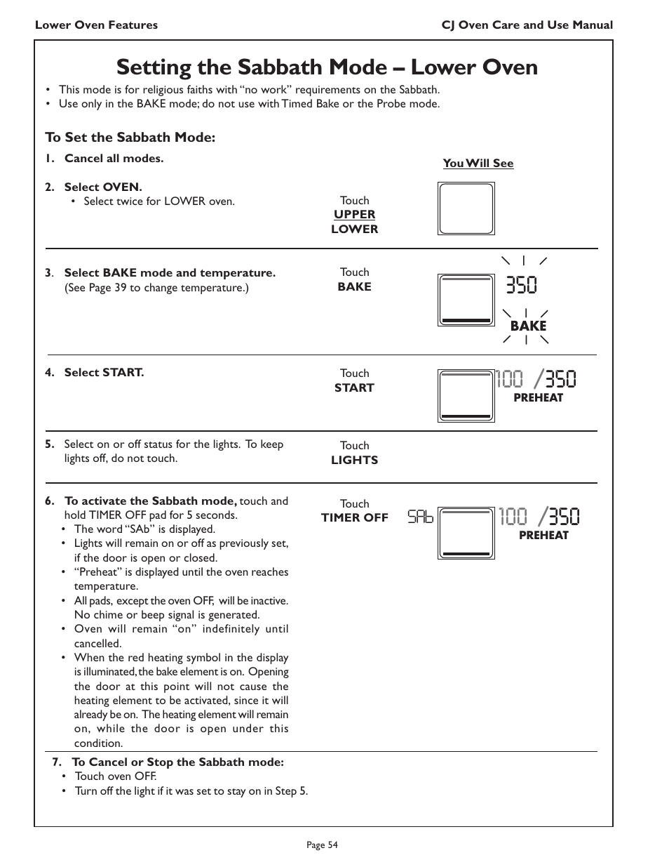 Setting the sabbath mode – lower oven | Thermador CJ302 User Manual | Page 56 / 68