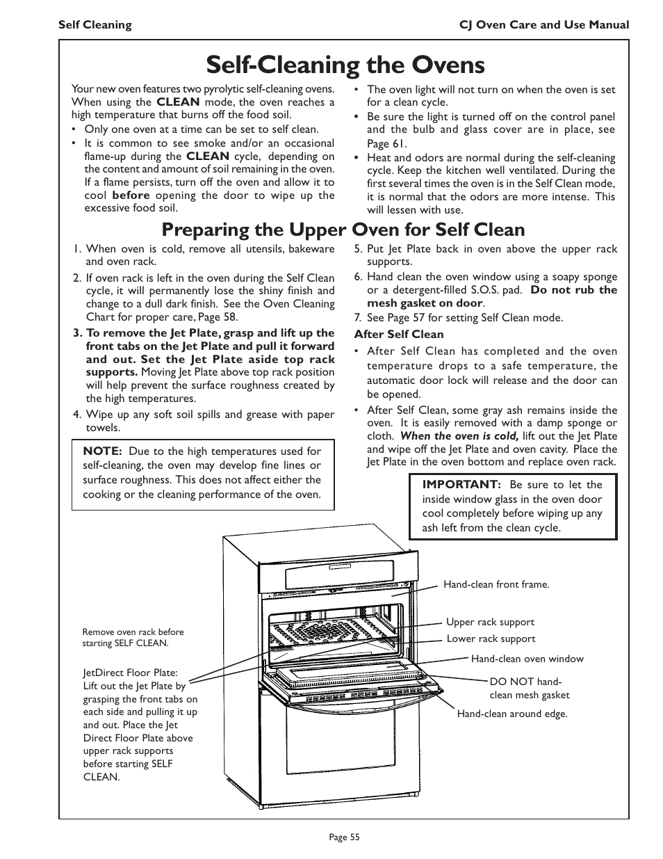 Self-cleaning the ovens, Preparing the upper oven for self clean | Thermador CJ302 User Manual | Page 57 / 68