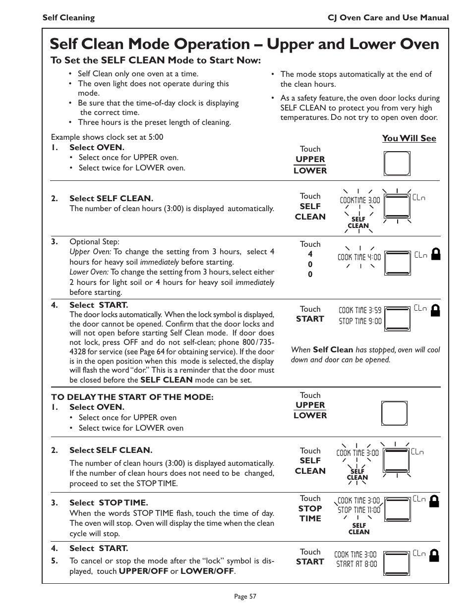 Self clean mode operation – upper and lower oven | Thermador CJ302 User Manual | Page 59 / 68