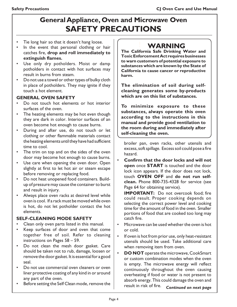 Safety precautions, General appliance, oven and microwave oven, Warning | Thermador CJ302 User Manual | Page 6 / 68