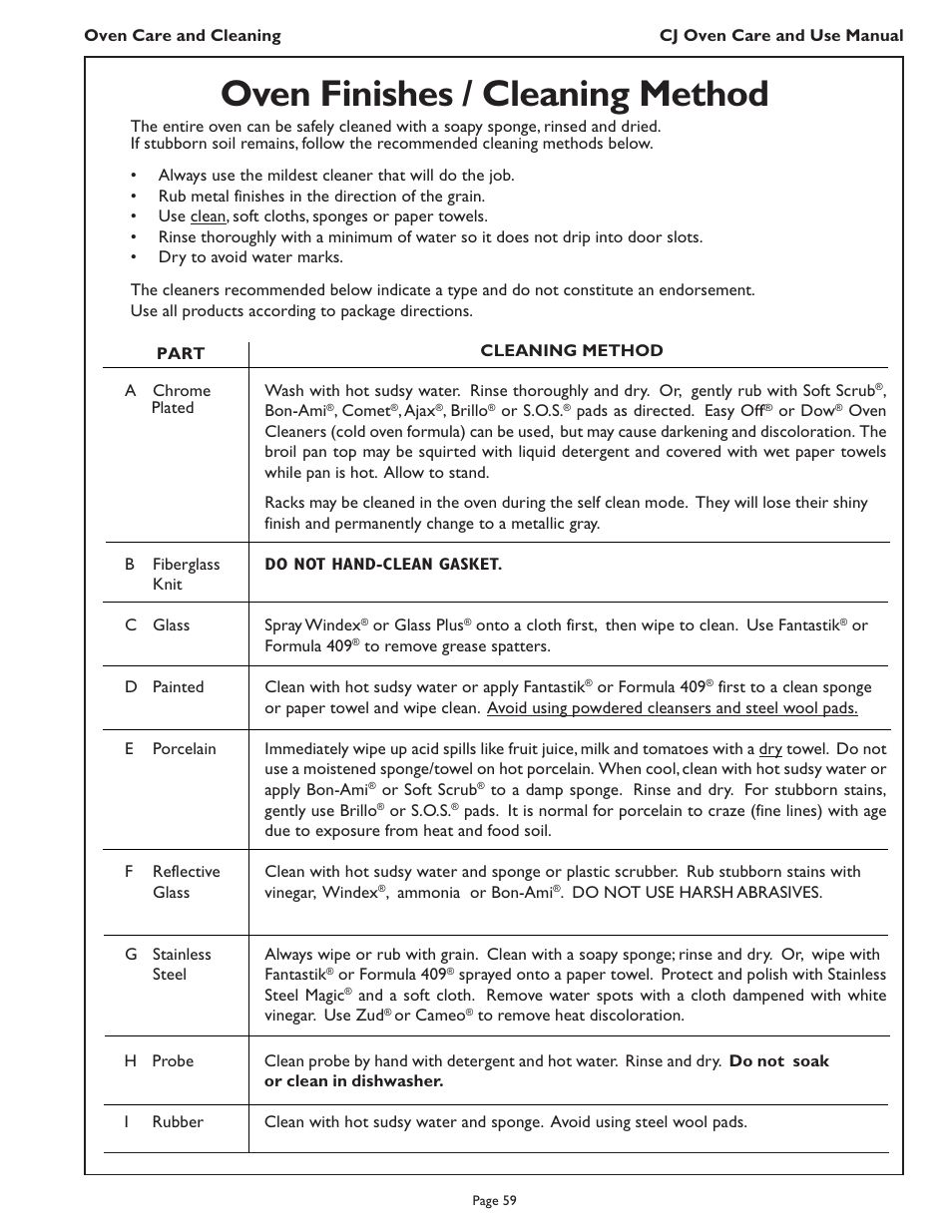 Oven finishes / cleaning method | Thermador CJ302 User Manual | Page 61 / 68