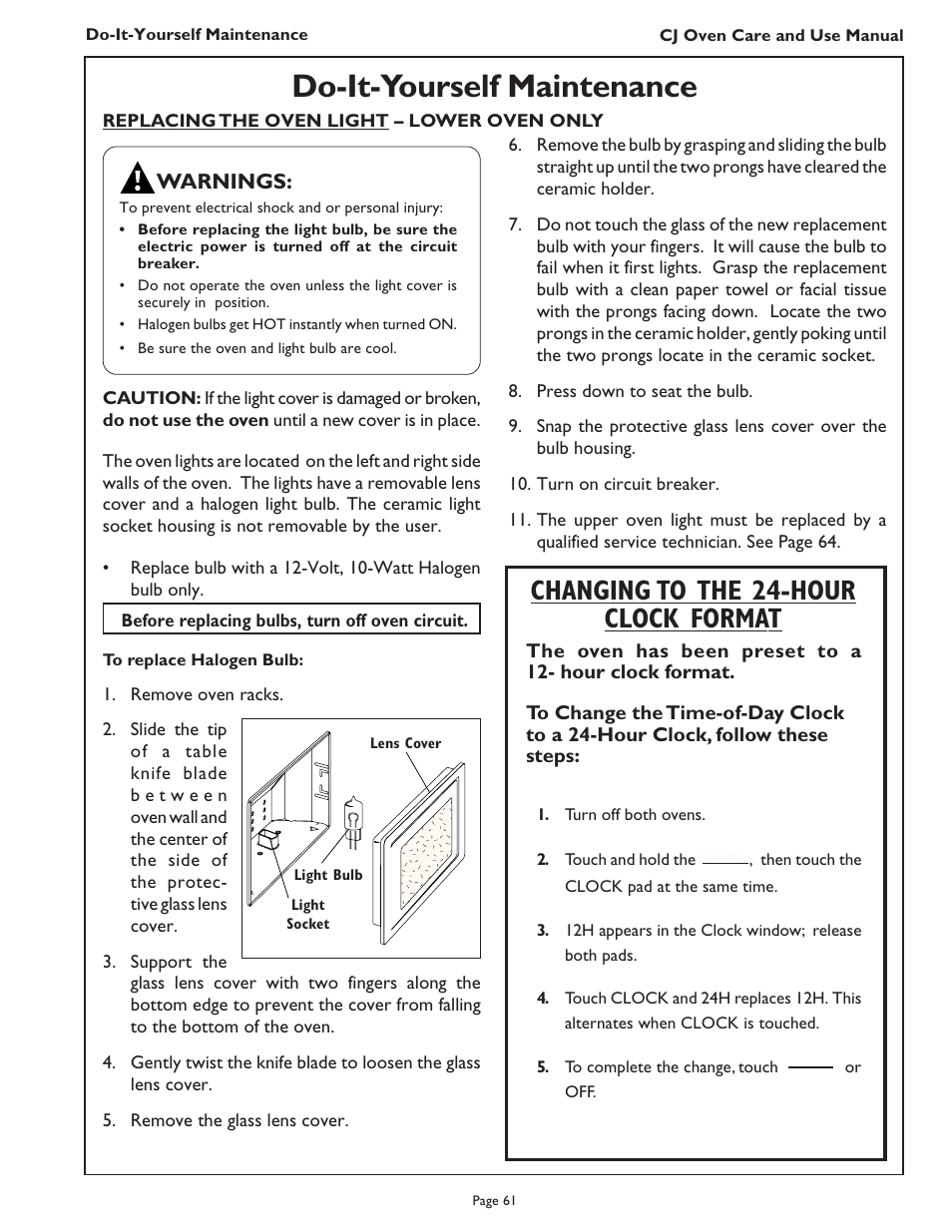 Do-it-yourself maintenance, Changing to the 24-hour clock format, Warnings | Thermador CJ302 User Manual | Page 63 / 68