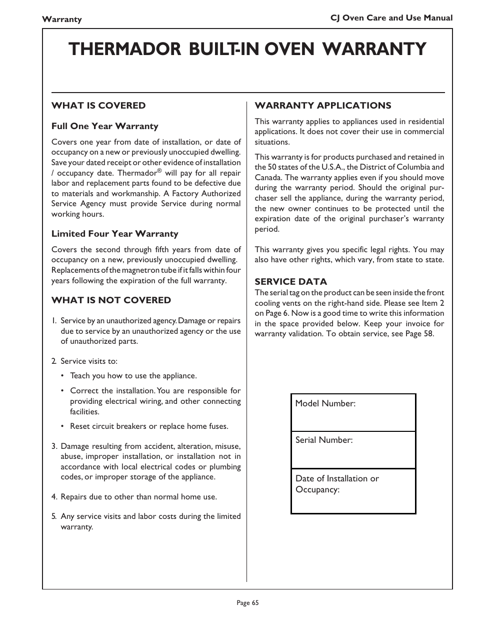 Thermador, Built-in oven warranty, For model cj302 | Thermador CJ302 User Manual | Page 67 / 68